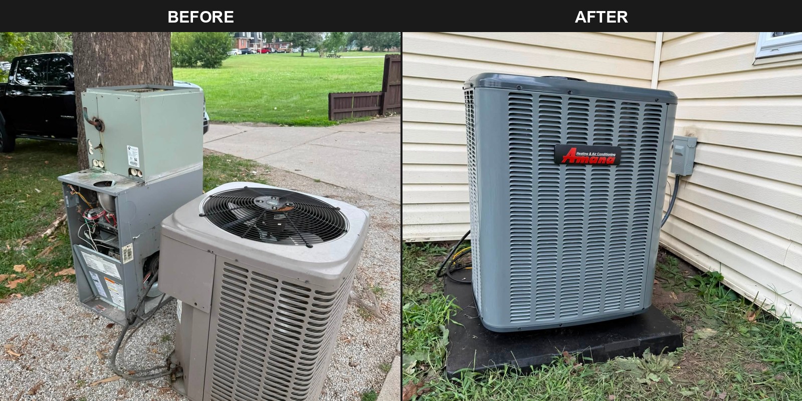 Before and after AC replacement by TK Heating & Cooling: worn outdoor unit replaced with a new Amana condenser